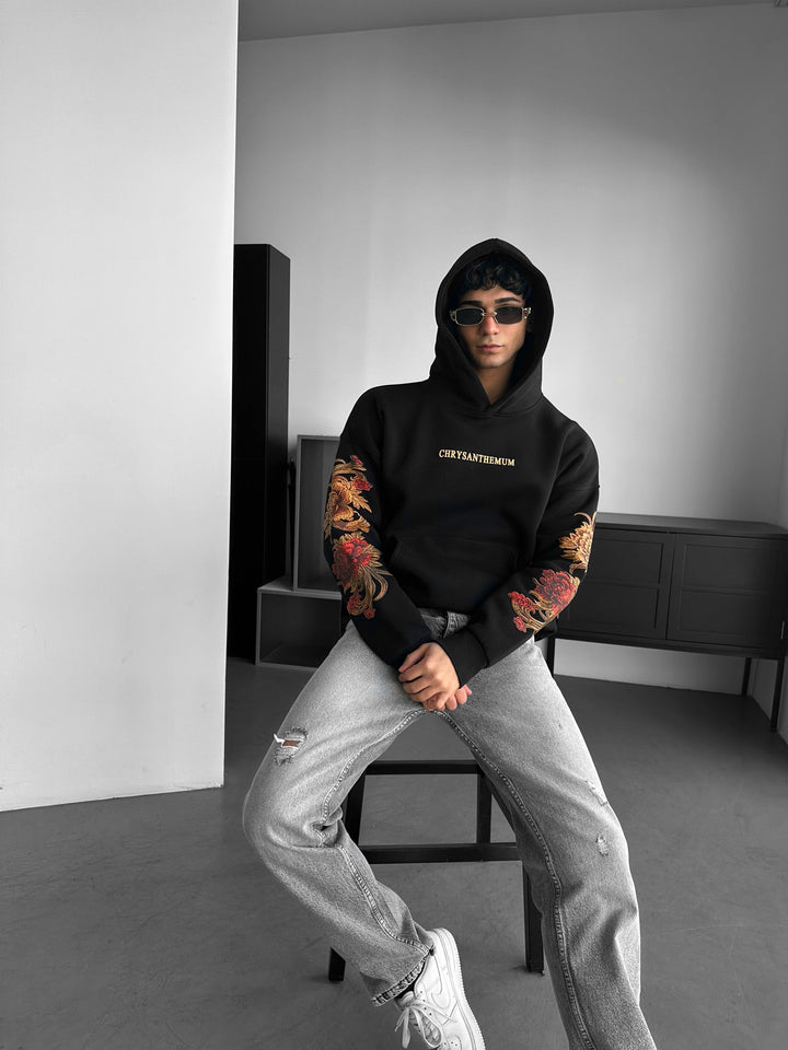Oversize Krysantemum Hoodie - Svart