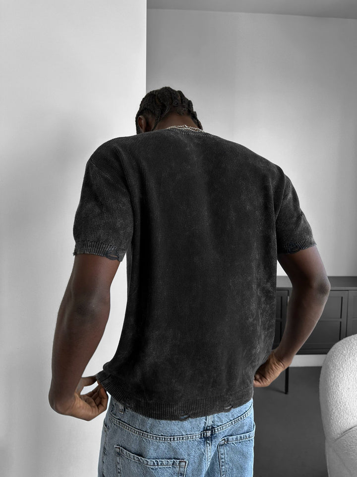 Oversize Stickad Torn T-shirt - Antracit