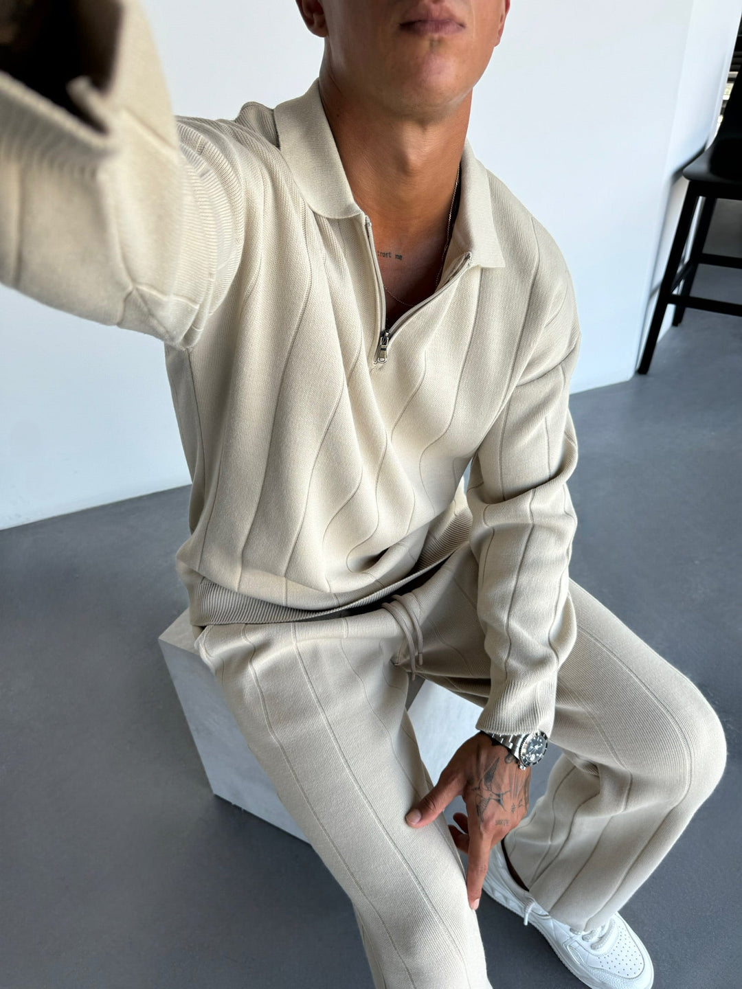 Oversize Lines Knit Zipper Polo Sweatshirt - Sten
