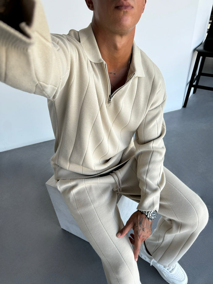 Oversize Lines Knit Zipper Polo Sweatshirt - Sten