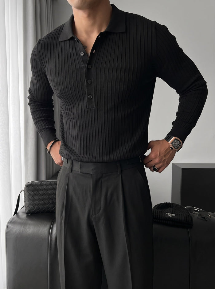 Slim Fit Polo Stickad Tröja - Svart
