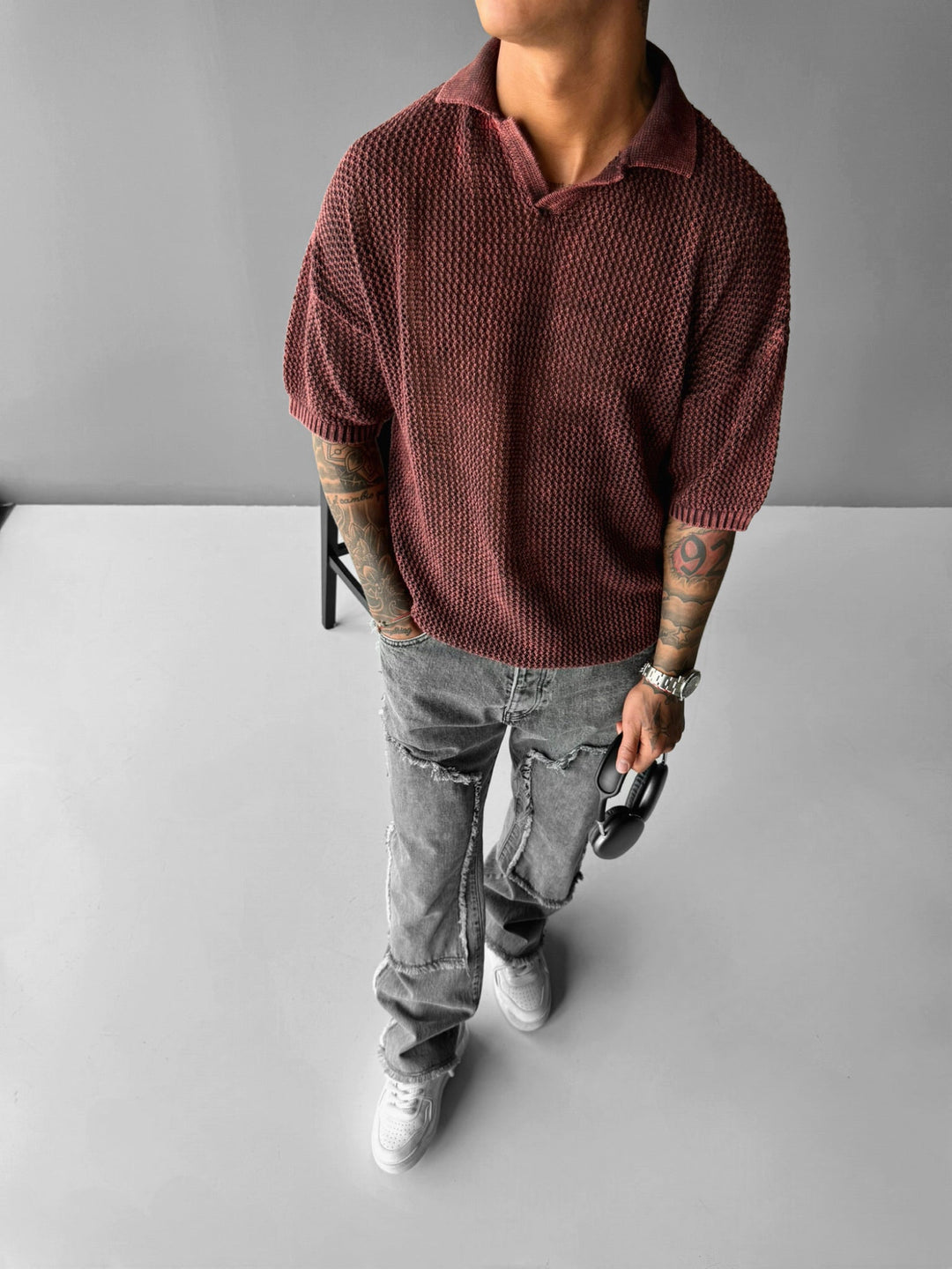 Regular Fit Knit Grid T-shirt - Plommon Perfekt
