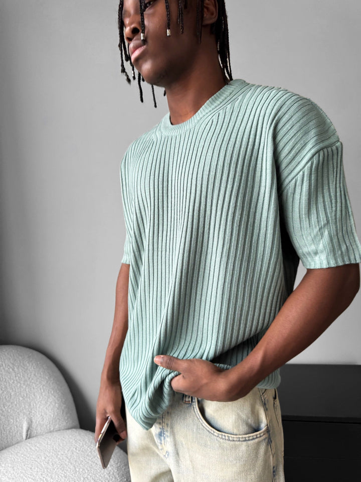 Lös Passform Ribbad Stickad T-Shirt - Mint