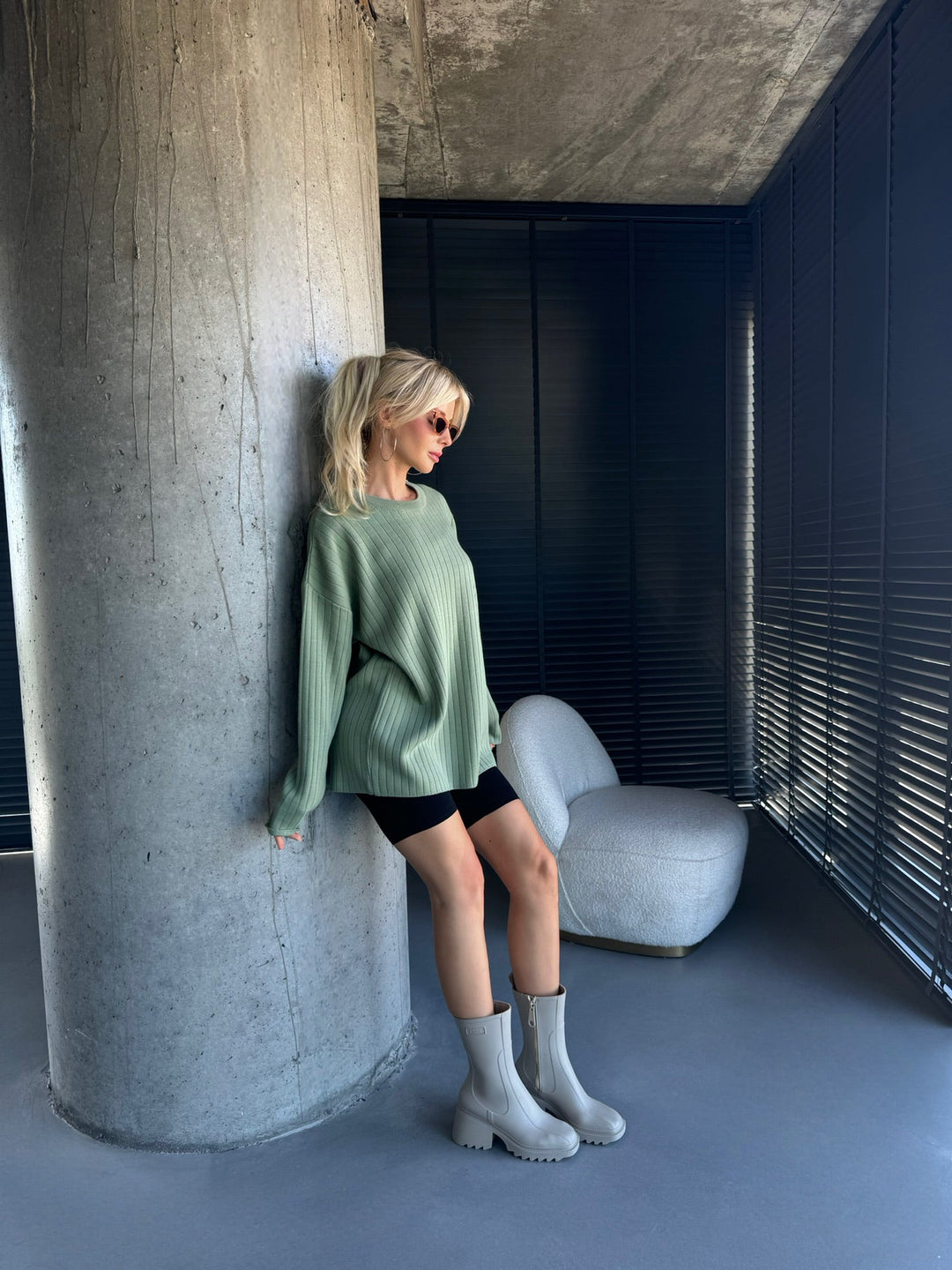 Överdimensionerad Bred Ribbad Långärmad Stickad Sweatshirt - Gräs