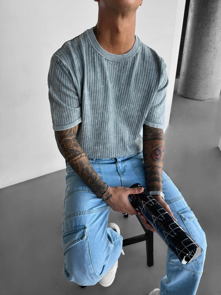 Oversize Stickad Tvättad T-shirt - Grå