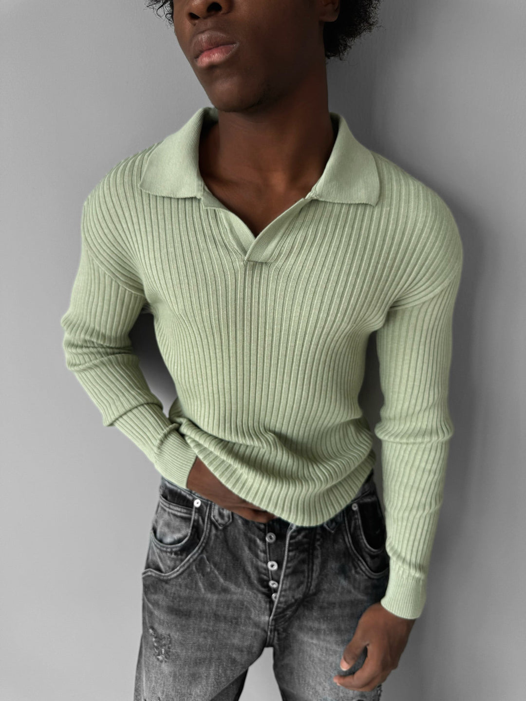 Slim Fit Stickad Polo Tröja - Mint