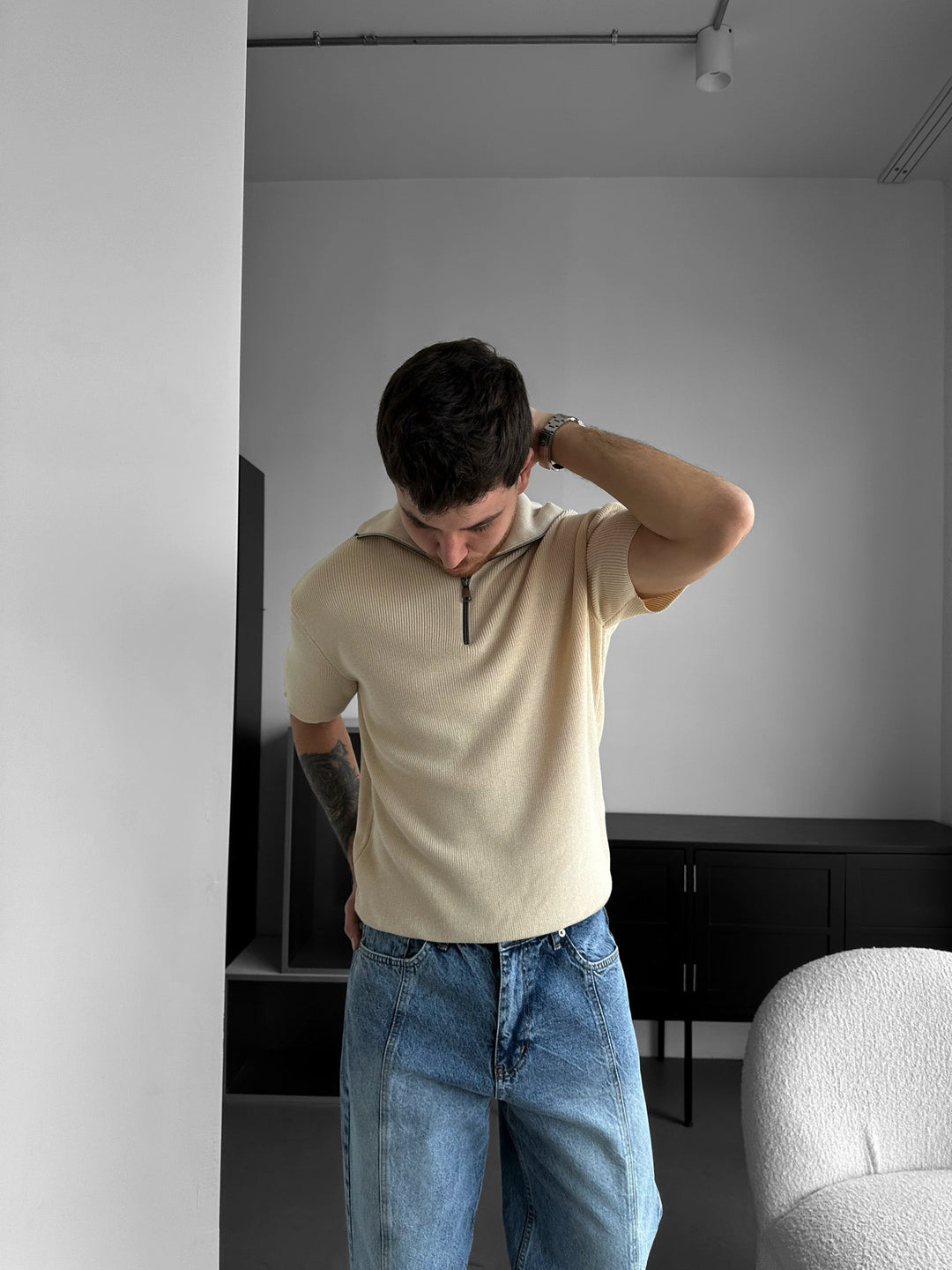 Oversize Zip Neck Stickad T-shirt - Beige