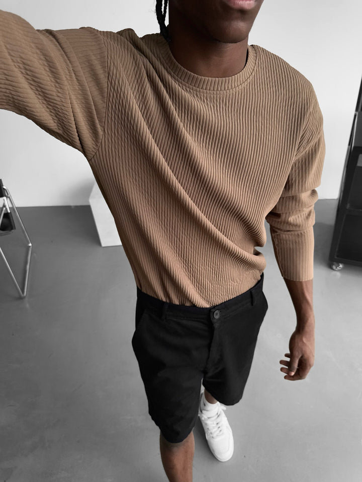 Oversize Ribbad Långärmad T-shirt - Brun
