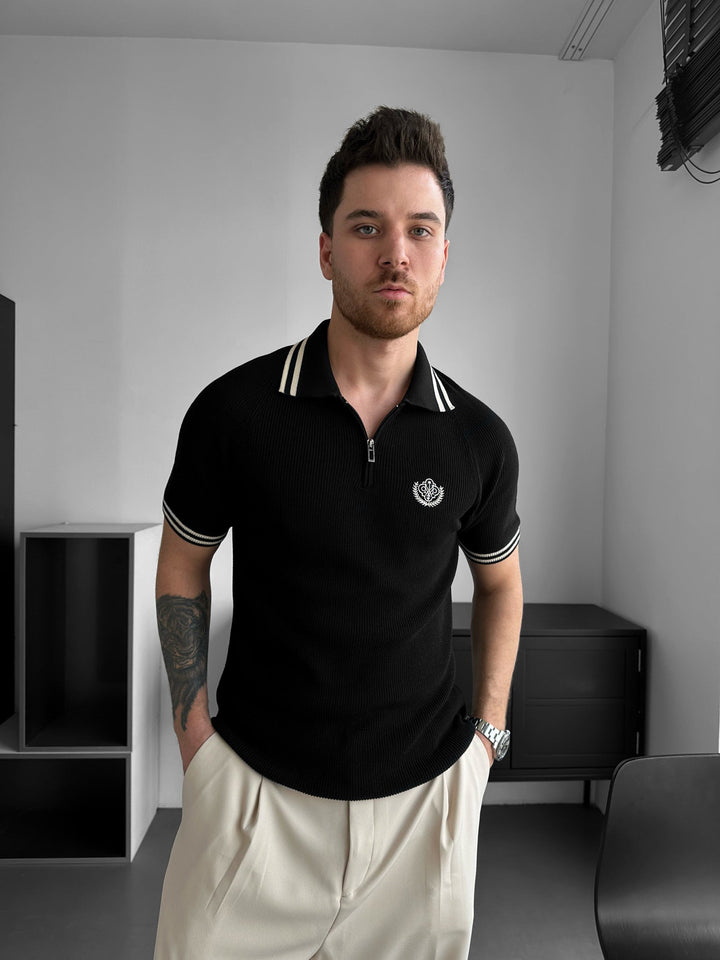 Slim Fit Halv-Zip Broderad Polo T-shirt - Svart
