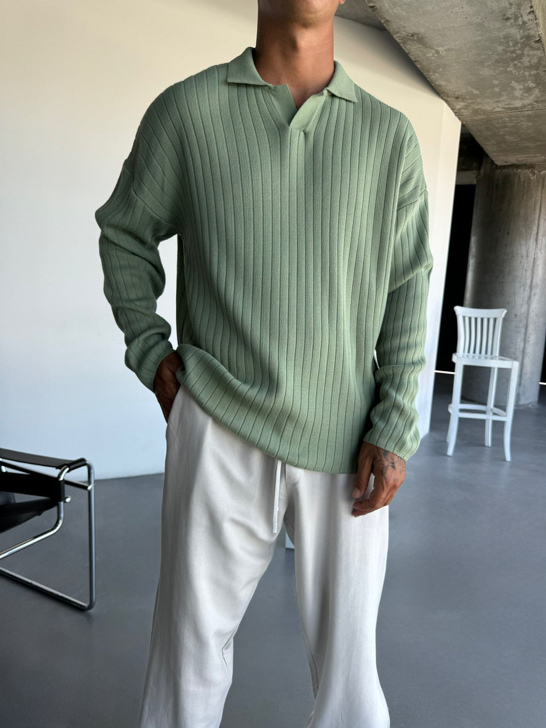Överdimensionerad Vid Ribbad Långärmad Stickad Polo Sweatshirt - Gräs