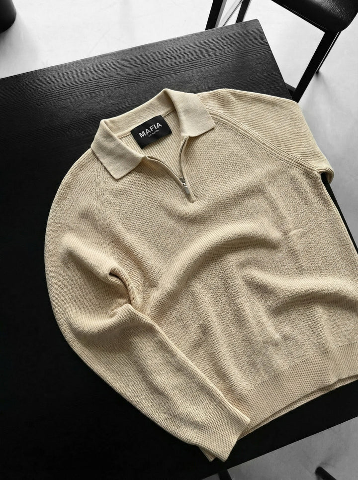 Slim Fit Stickad Dragkedja Polo Tröja - Beige