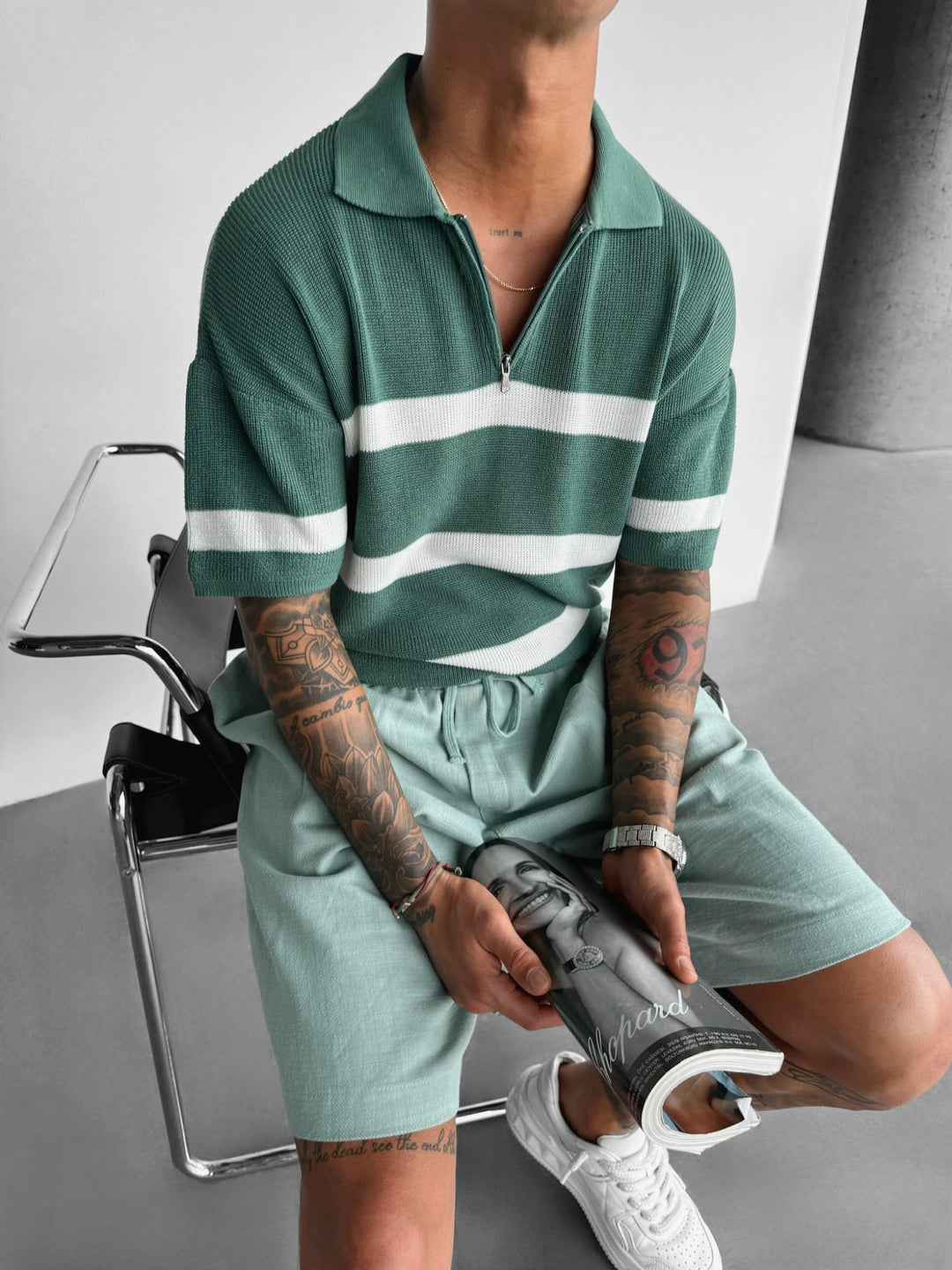 Regelbunden Stickad Dragkedja T-shirt - Petrol