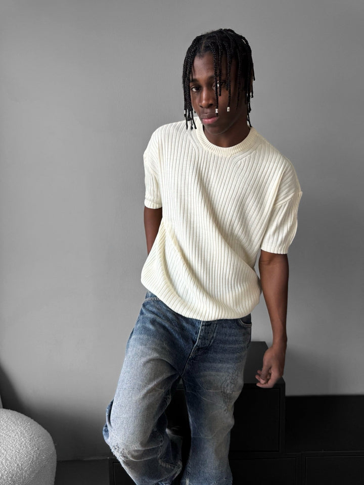 Lös Passform Ribbad Stickad T-Shirt - Cremé