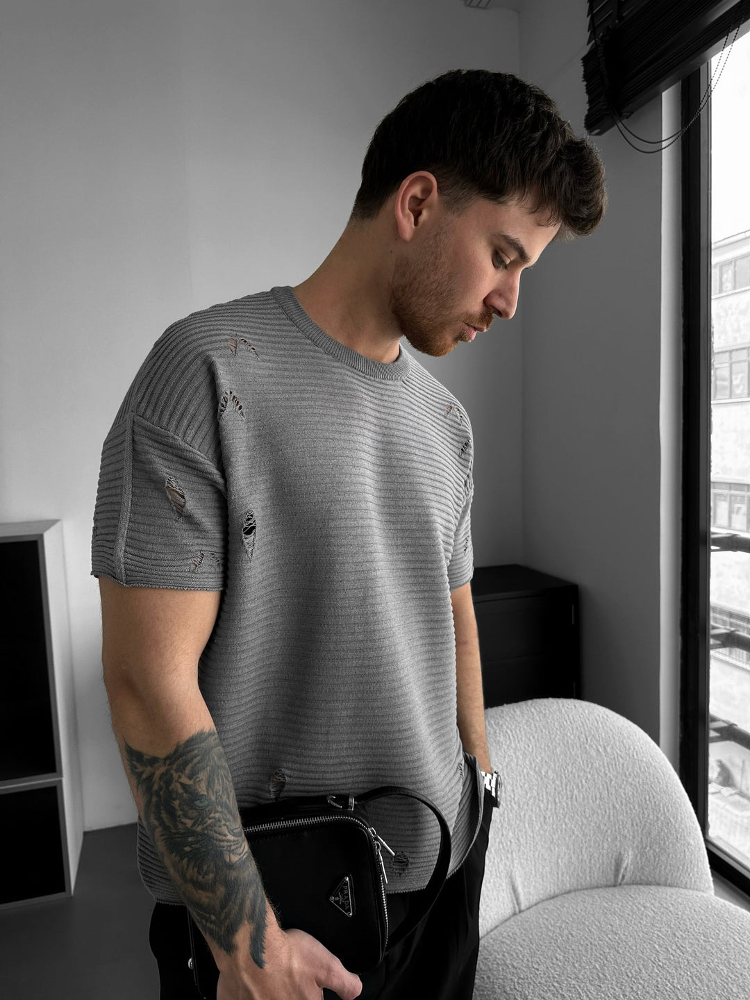 Lös Passform Torn Ribbad Stickad T-Shirt - Grå Melange