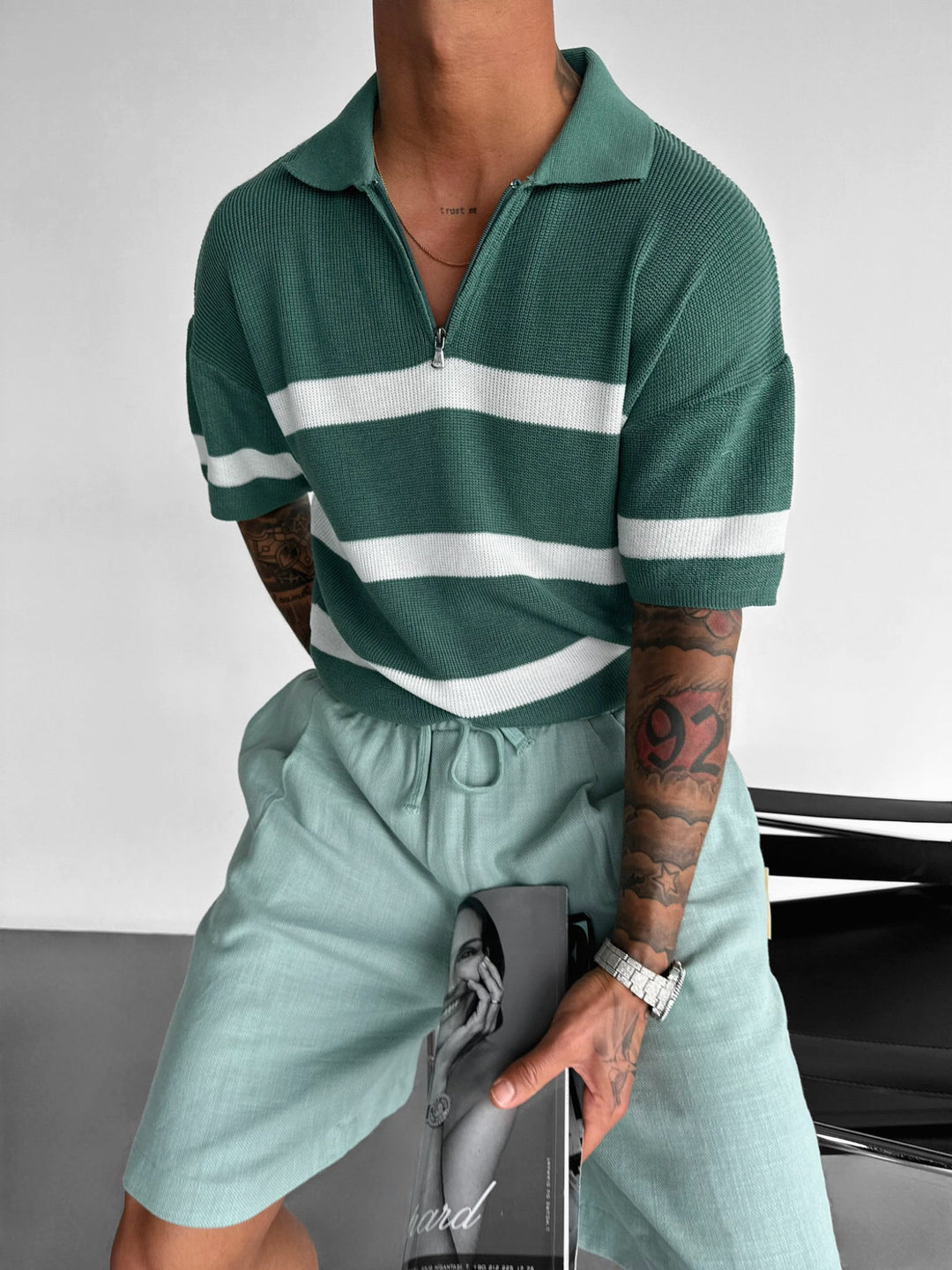 Regelbunden Stickad Dragkedja T-shirt - Petrol
