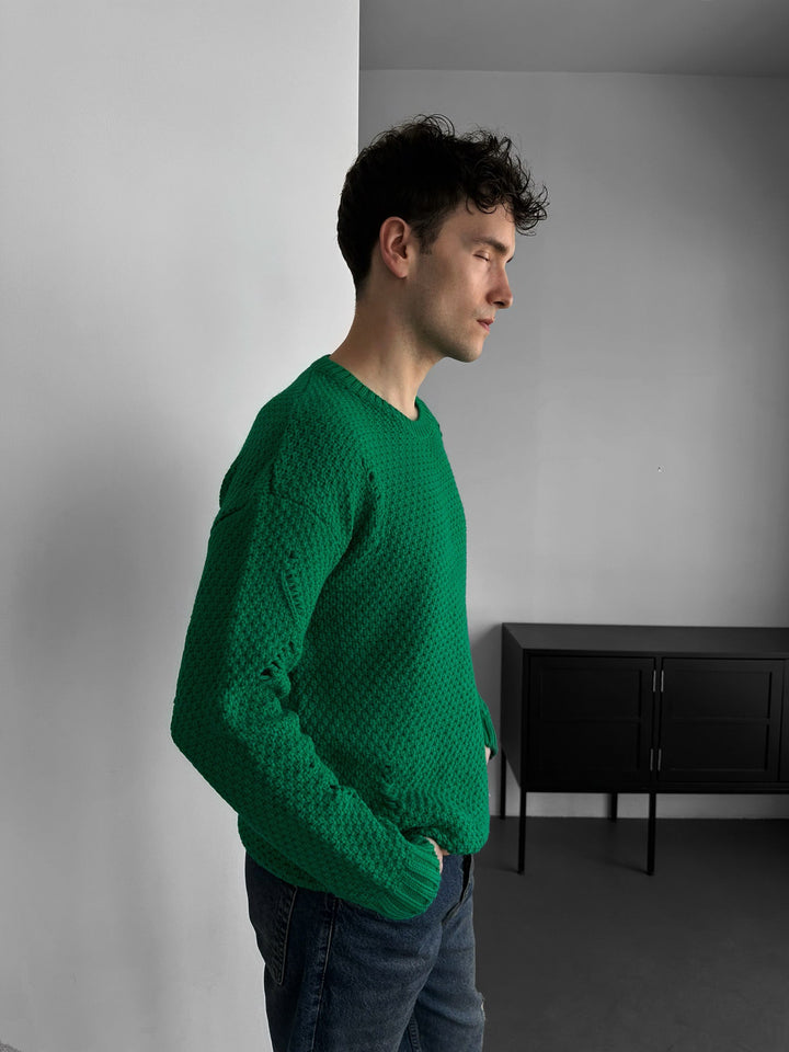 Regular Fit Textured Torn Sweater - Grön