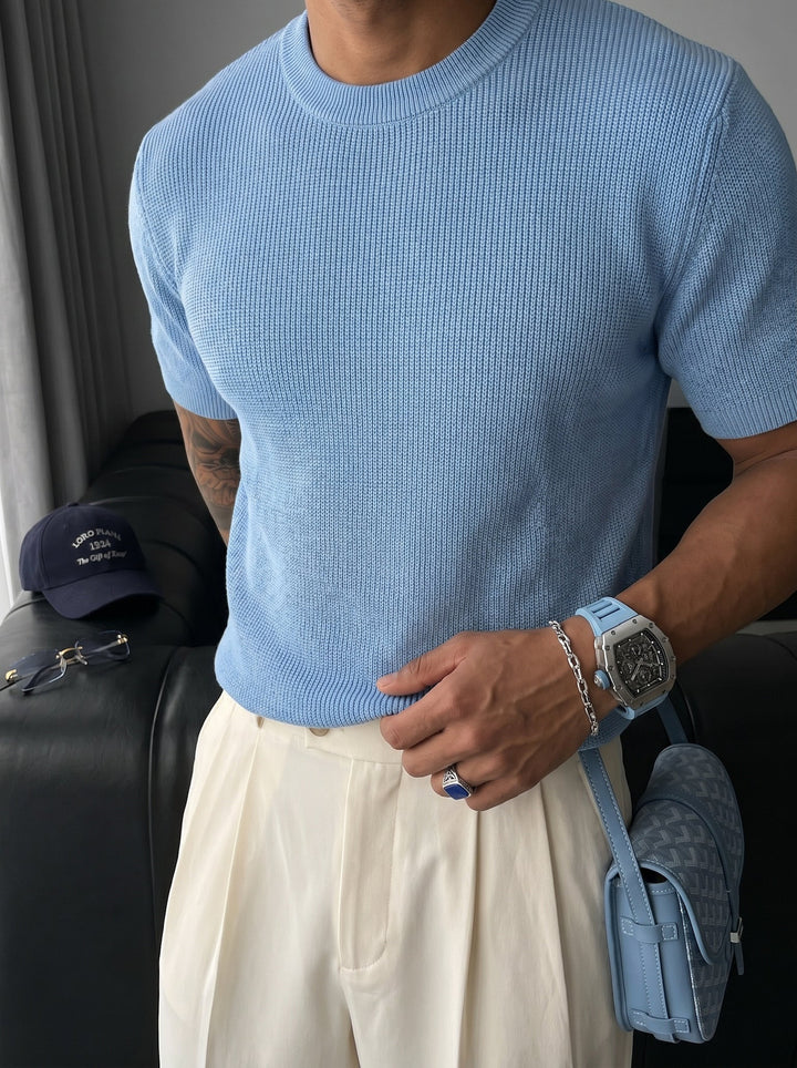 Oversize Stickad T-Shirt - Babyblå