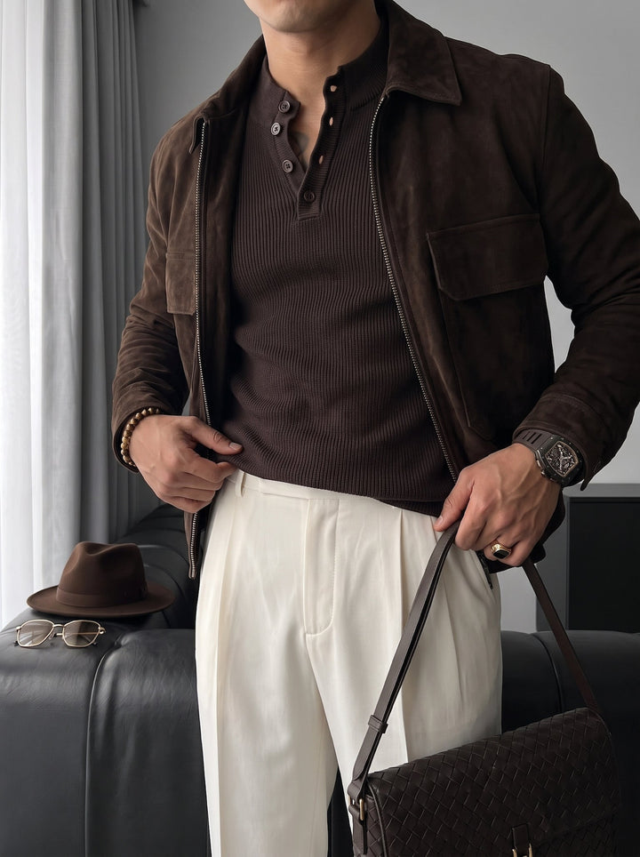 Slim Fit Stickad Tröja - Mörk Brun