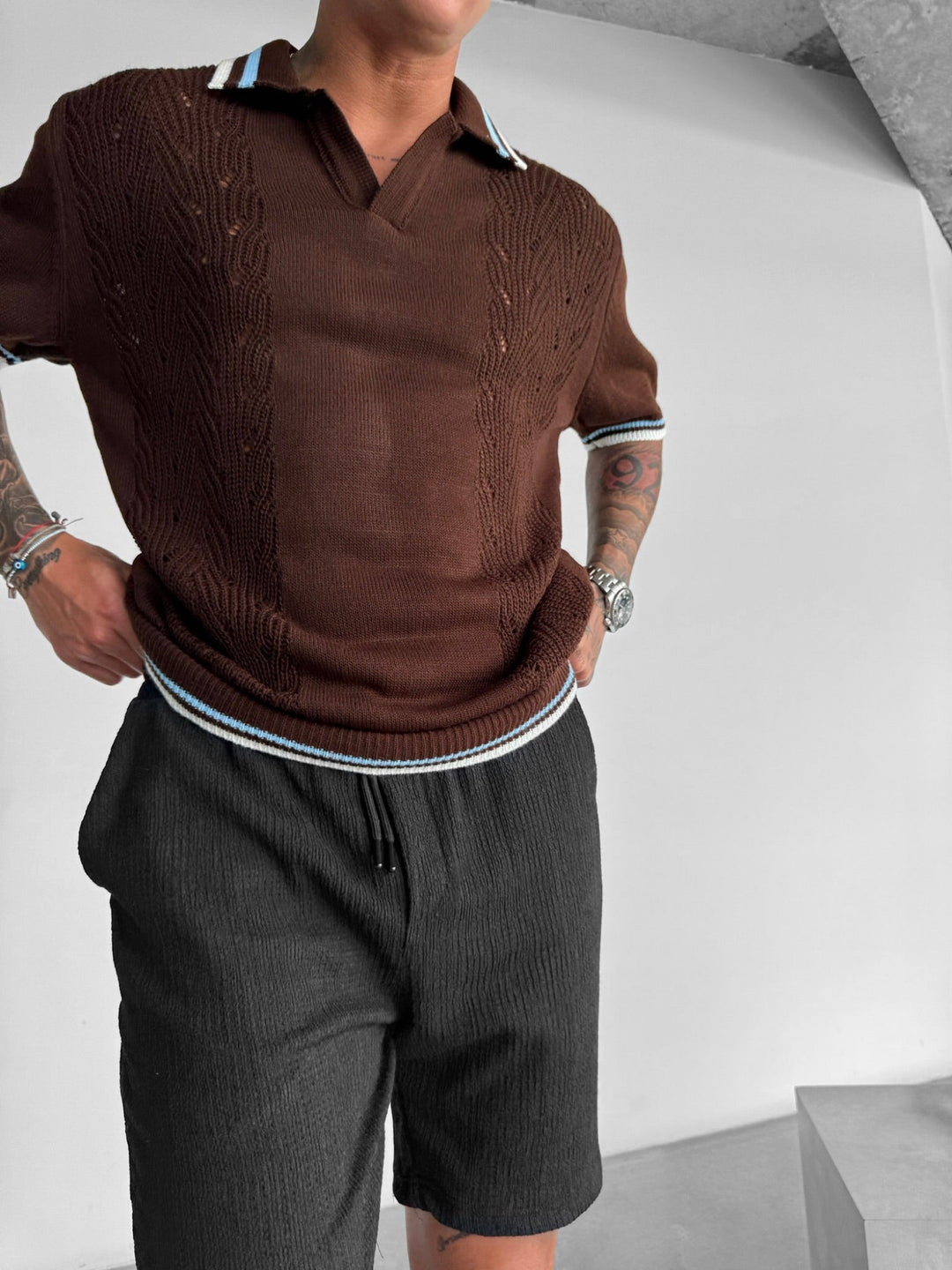 Slim Fit Detaljstickad Polo T-shirt - Brun