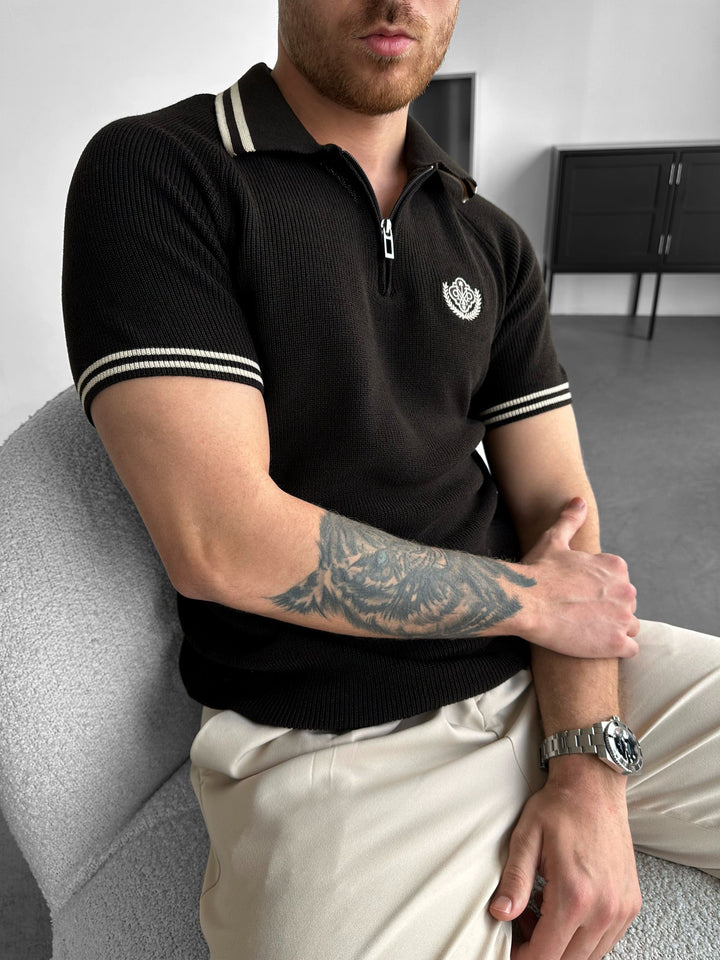 Slim Fit Halvdraget Broderat Polo T-shirt - Mörkbrun