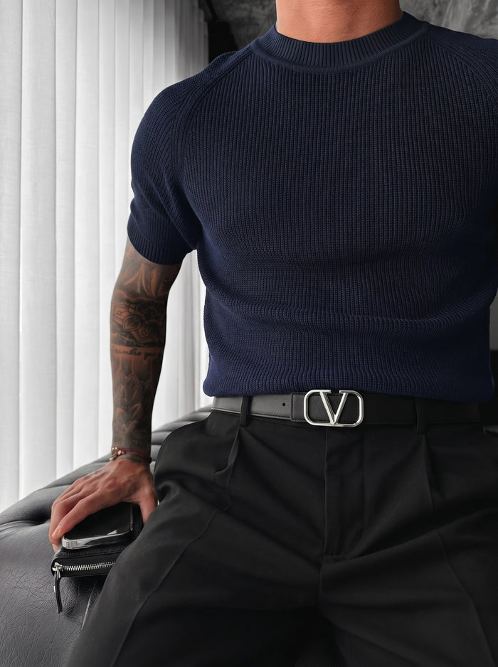 Slim Fit Stickad T-shirt - Marinblå