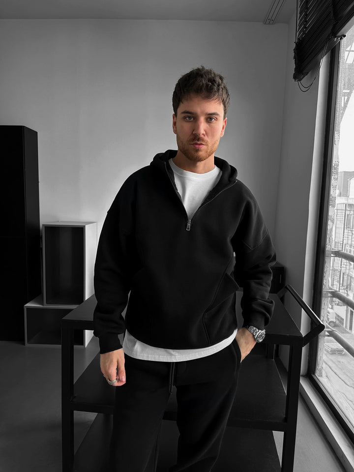 Lös Passform Halvdraget Grund Hoodie - Svart