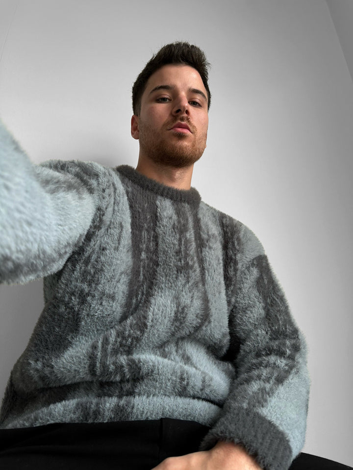 Oversize Brushstroke Effect Stickad Pullover - Antracit