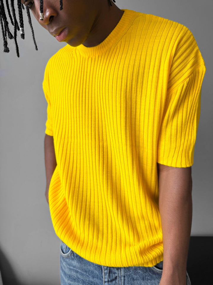 Lös Passform Ribbad Stickad T-Shirt - Gul