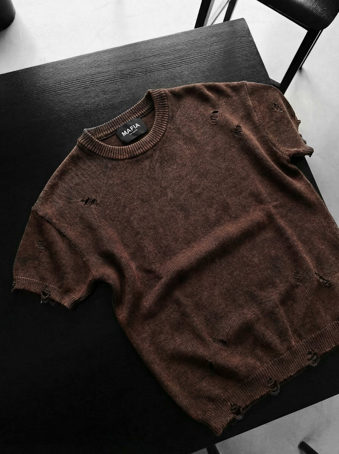 Överdimensionerad Stickad Trasig T-Shirt - Mörkbrun