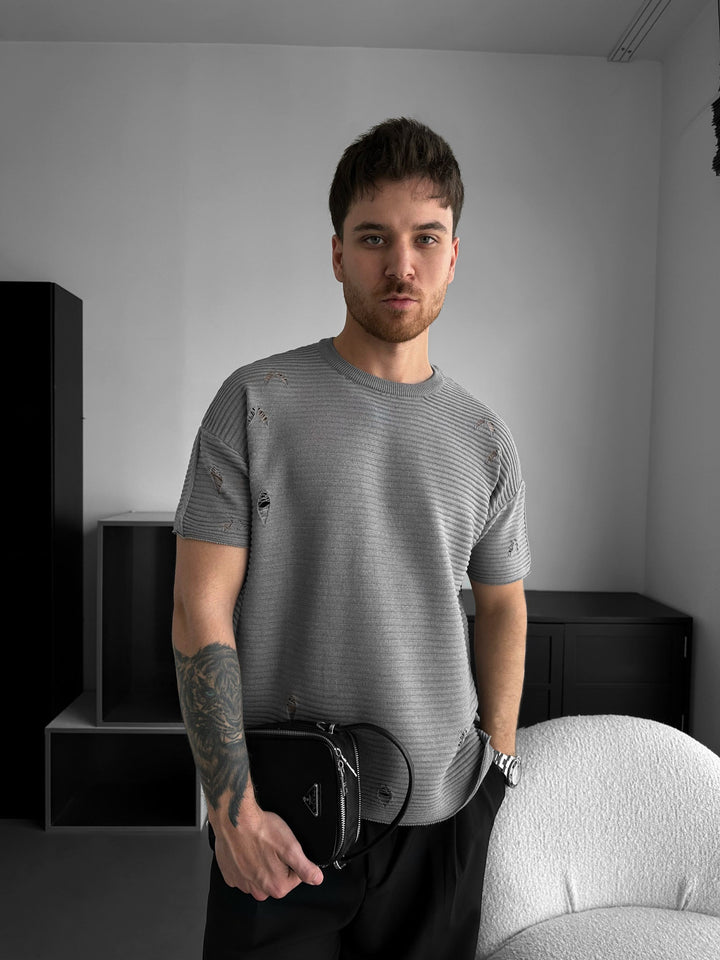 Lös Passform Torn Ribbad Stickad T-Shirt - Grå Melange