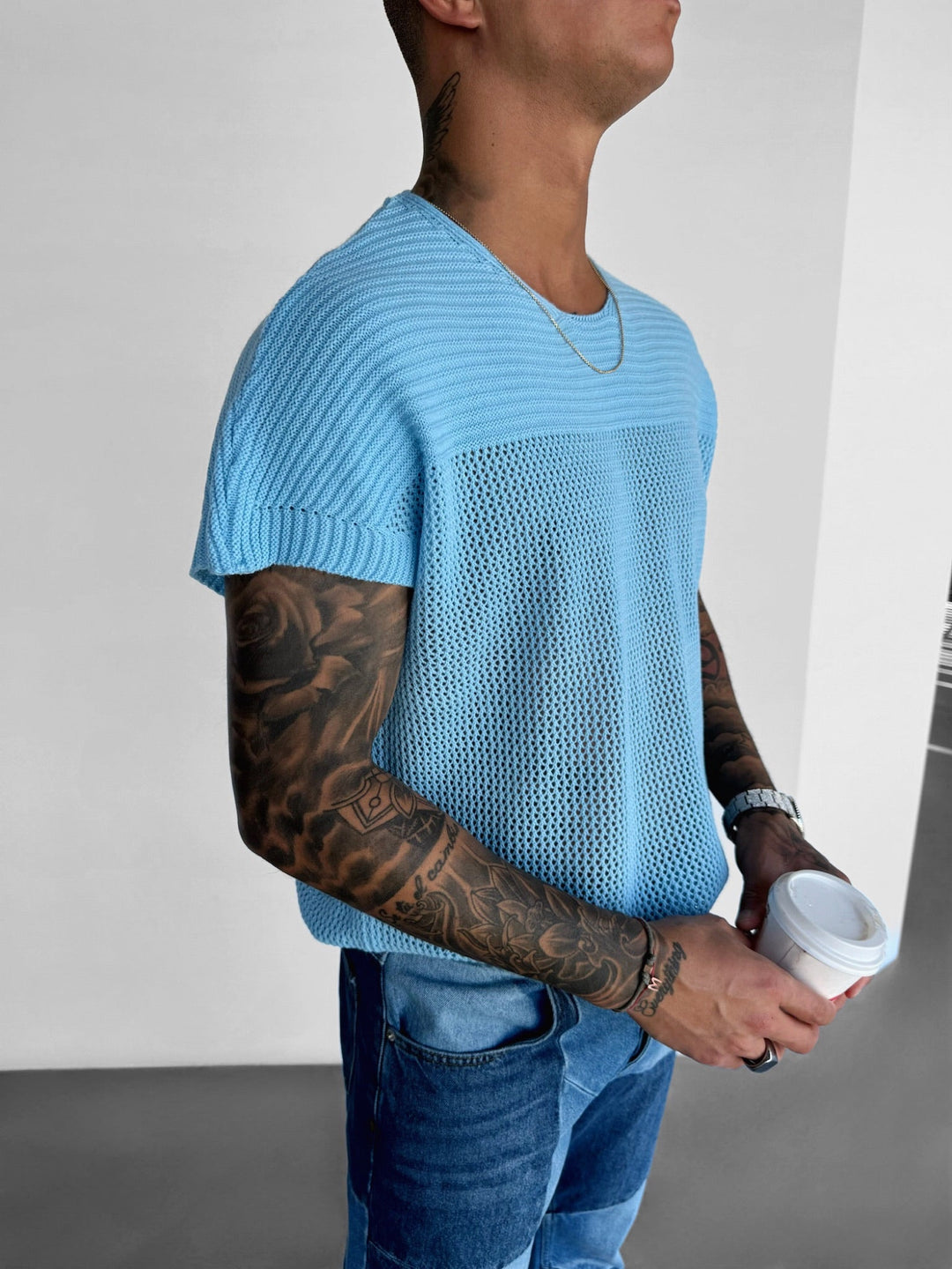 Oversize Texturerad Stickad T-shirt - Babyblå