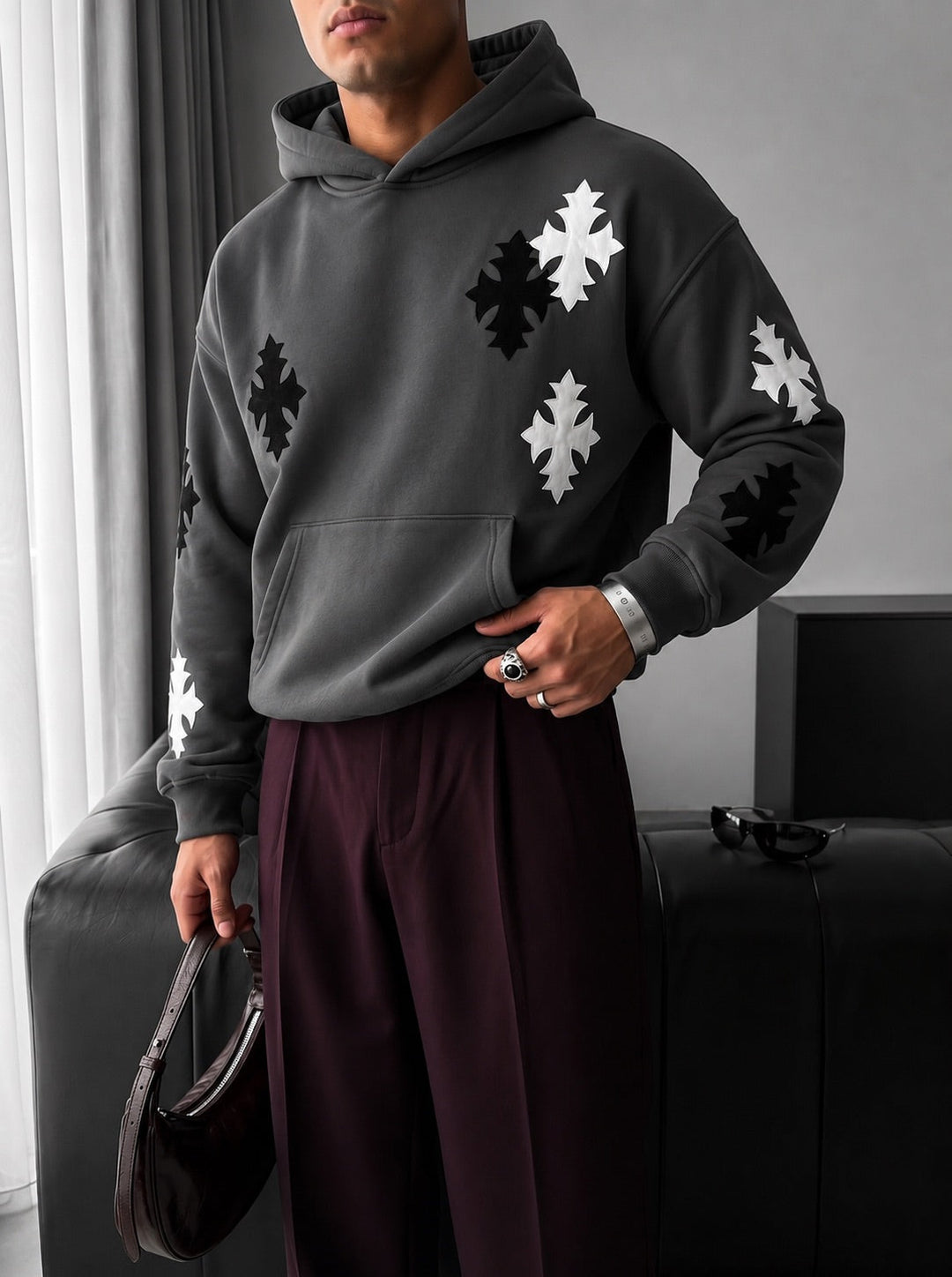 Oversize Gotisk Kors Hoodie - Antracit