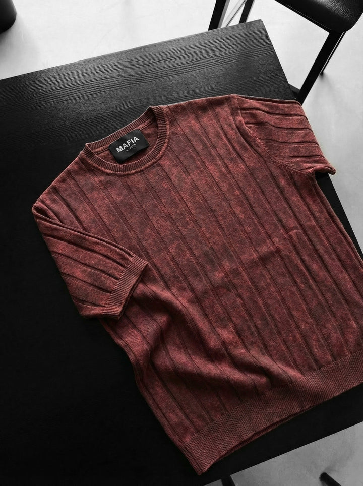 Slim Fit Tvättad Linjer Stickad T-shirt - Bordeaux