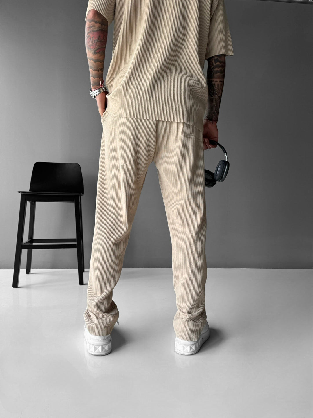 Lösa Ribbstickade Byxor - Beige