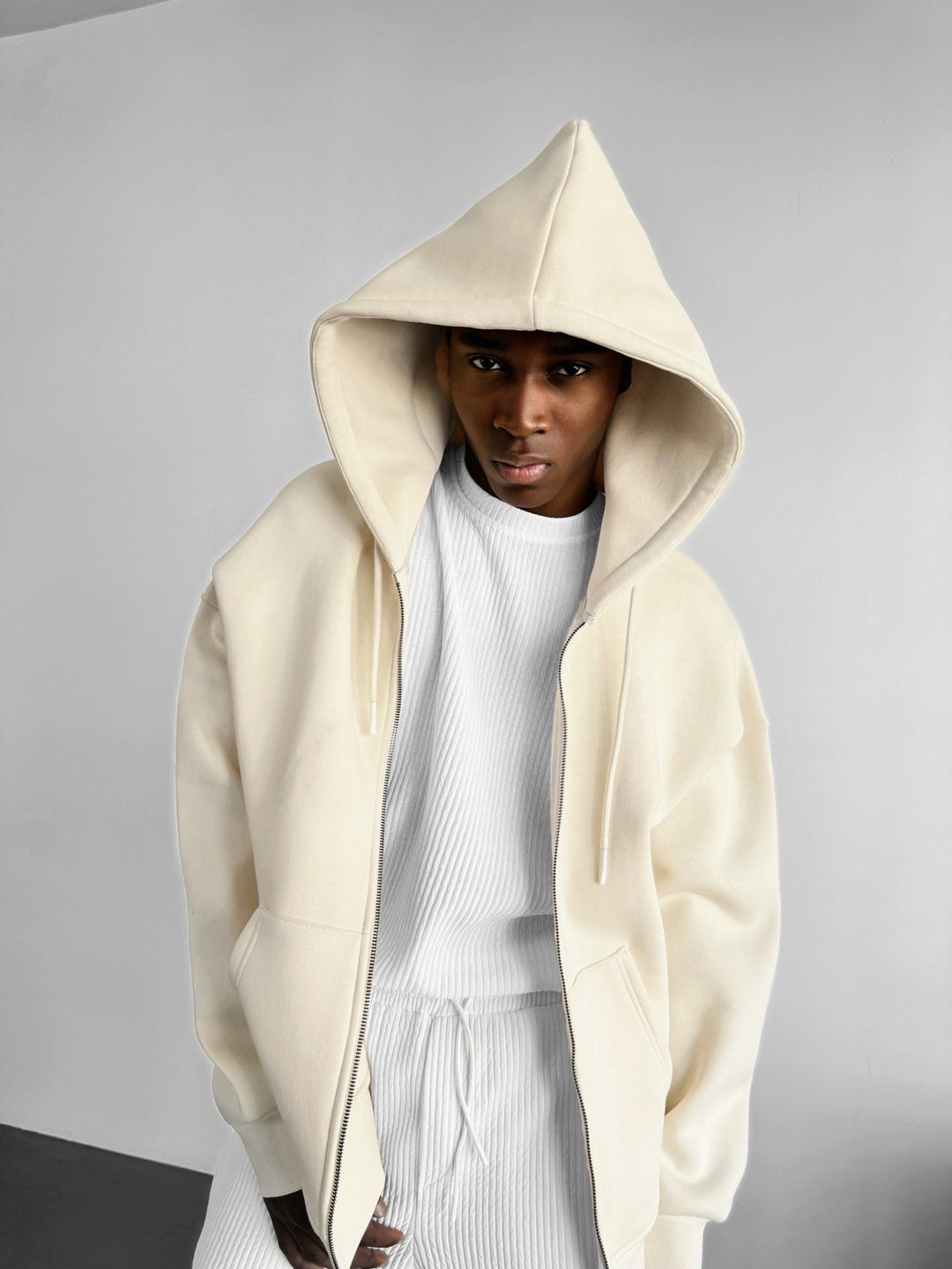 Oversized Basic Zip Hoodie - Antik Vit