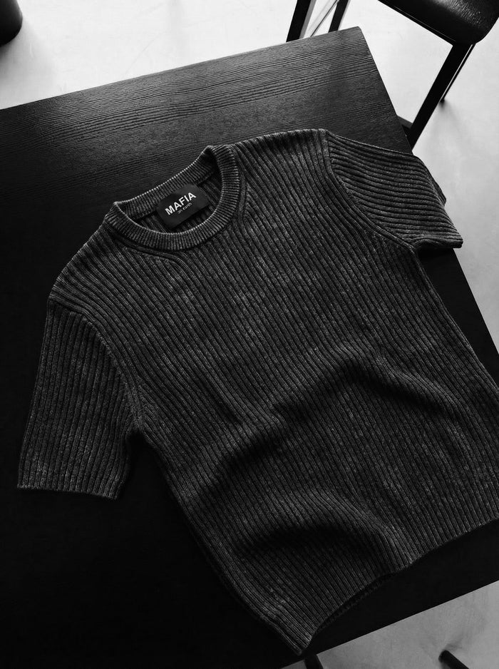 Slim Fit Tvättad Tunn Linjer Stickad T-Shirt - Antracit
