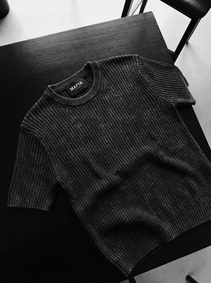 Slim Fit Tvättad Tunn Linjer Stickad T-Shirt - Antracit