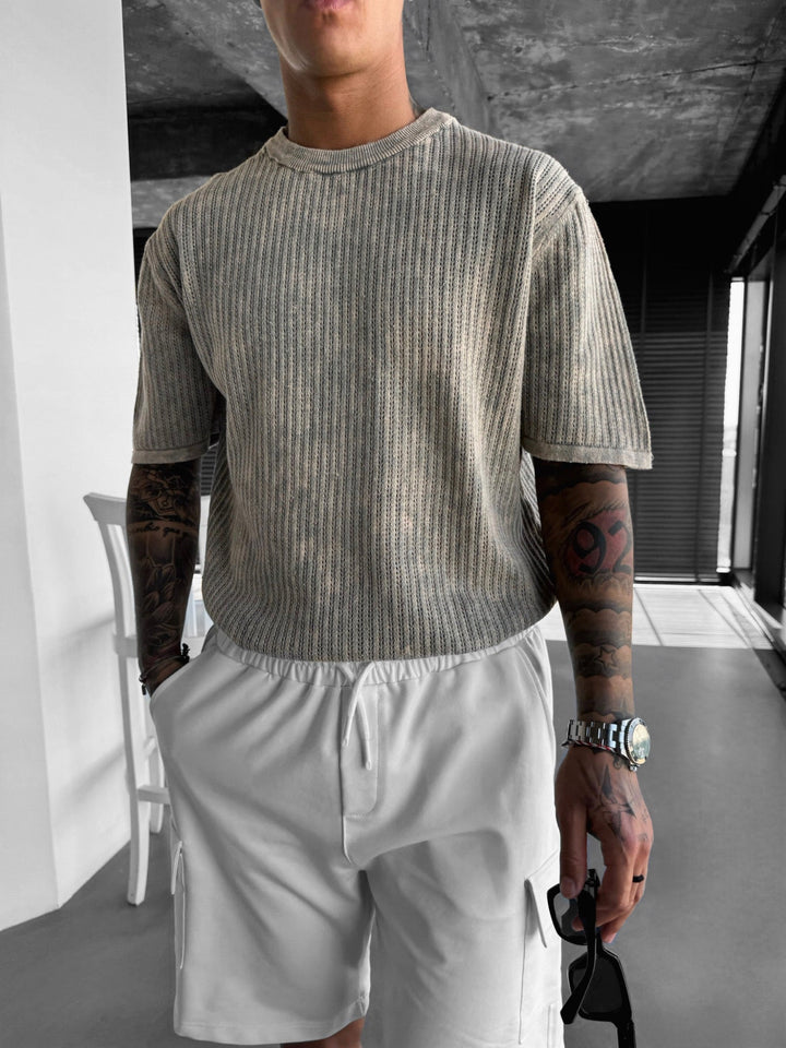 Oversize Stickad Tvättad T-shirt - Sten