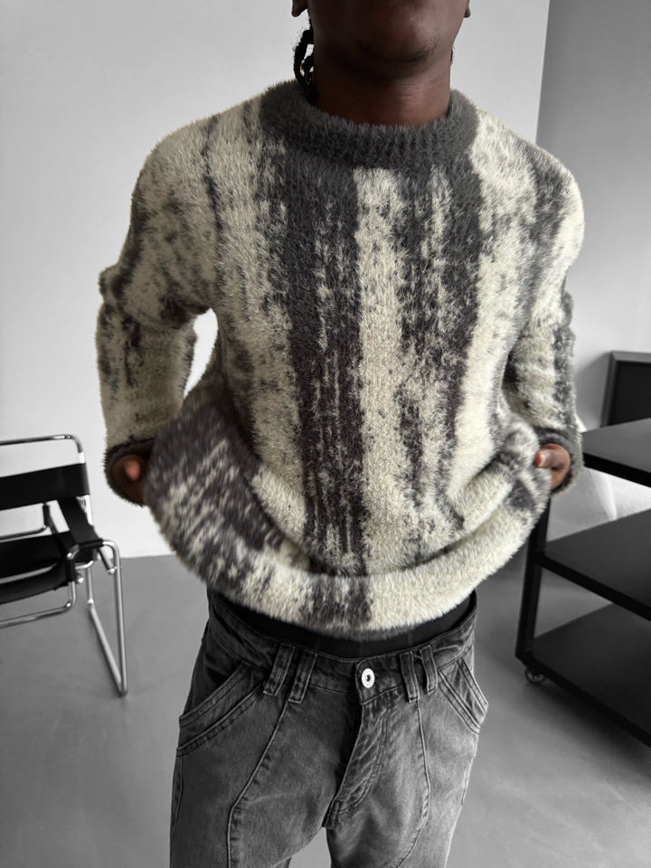 Oversize Brushstroke Effekt Stickad Pullover - Mörkgrå