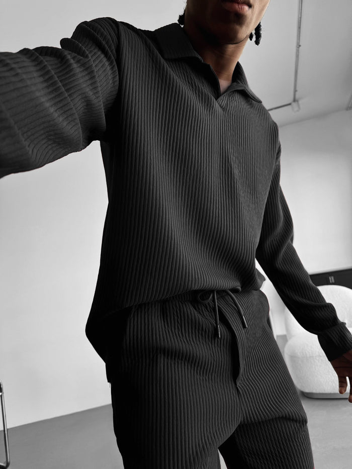 Oversize Ribbad Långärmad Polo T-shirt - Antracit