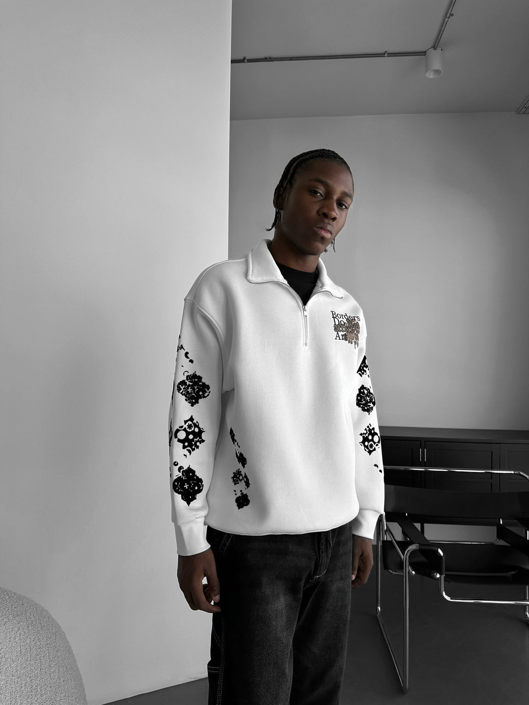 Oversize Halv-Zip Grafisk Sweatshirt - Ecru
