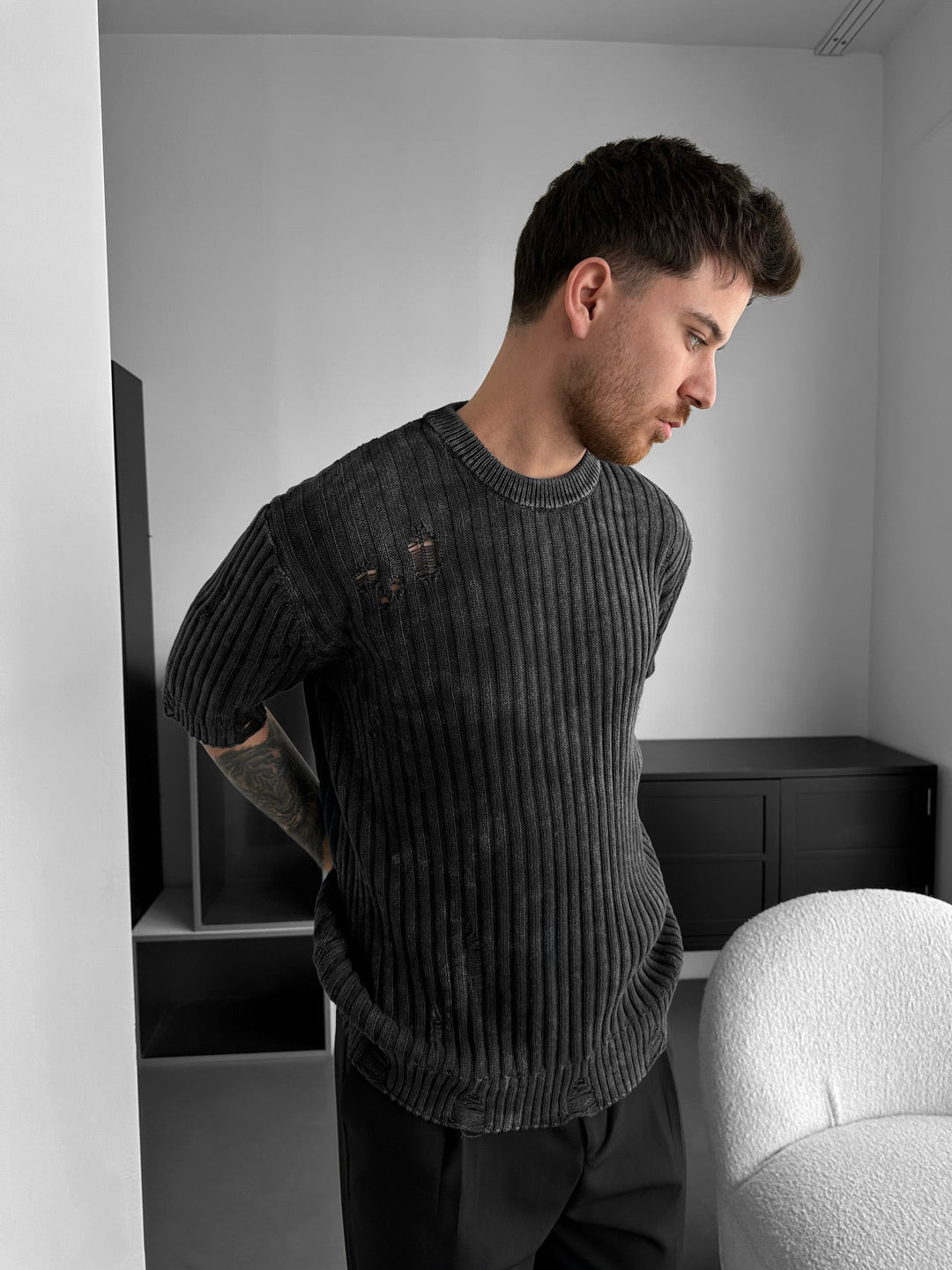 Oversize Torn Tvättad Stickad T-shirt - Svart