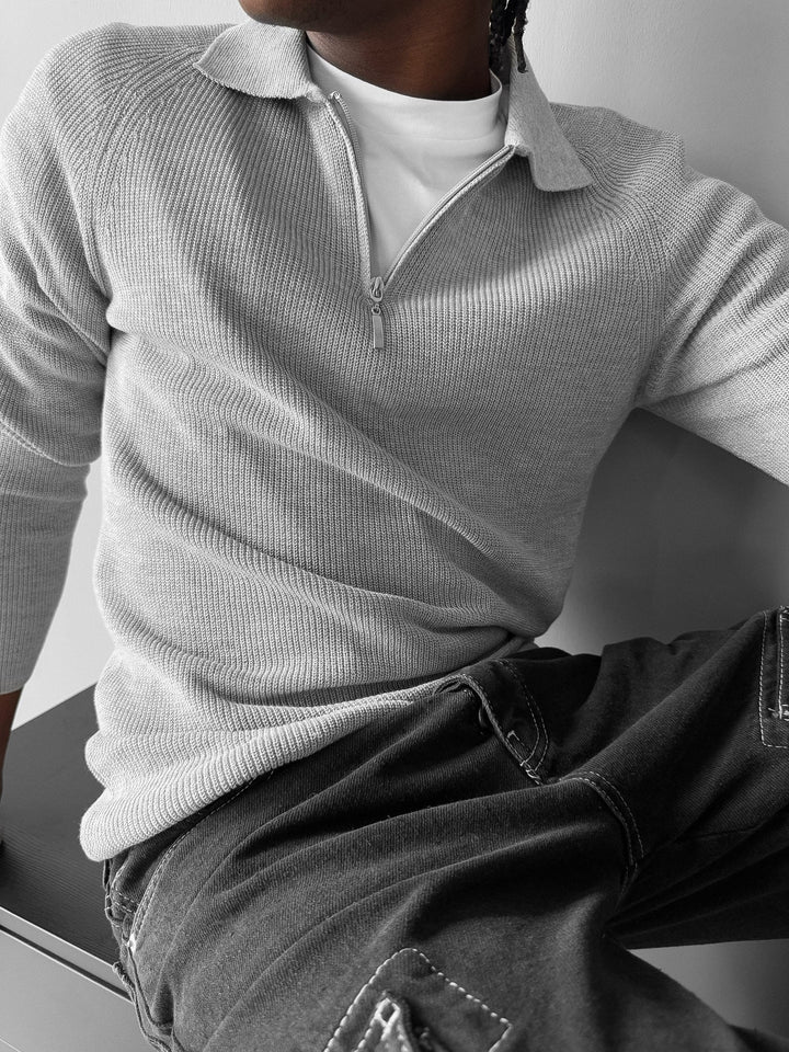 Slim Fit Stickad Zip Polo Tröja - Grå