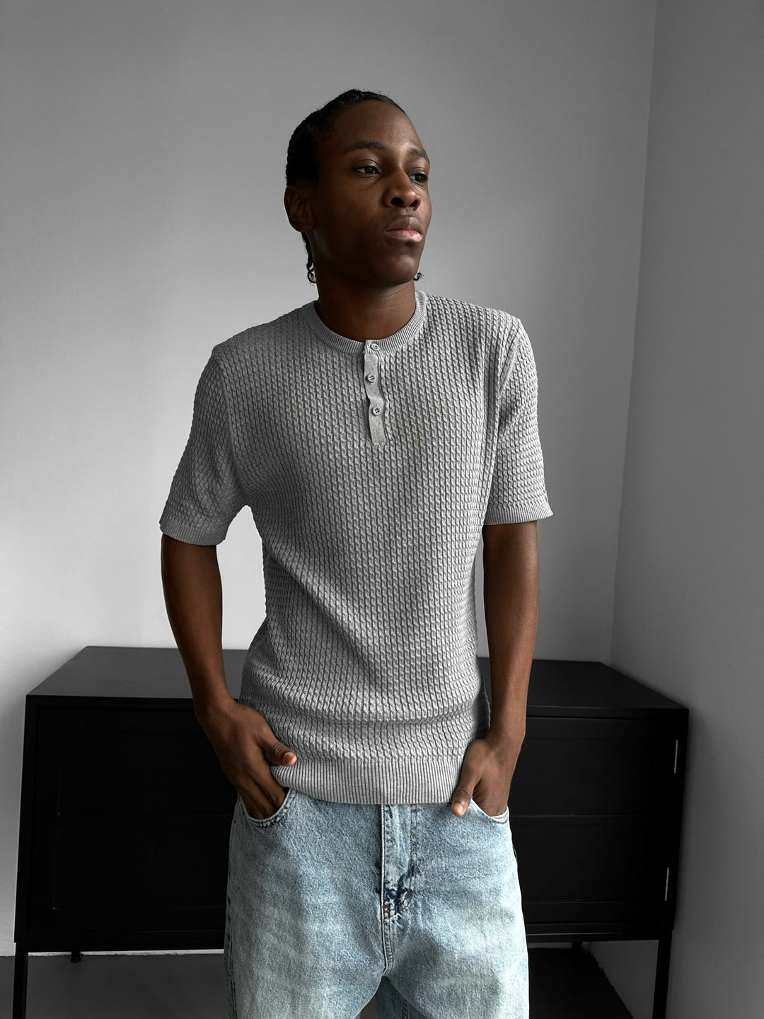 Regular Fit Waffle Button T-shirt - Grå