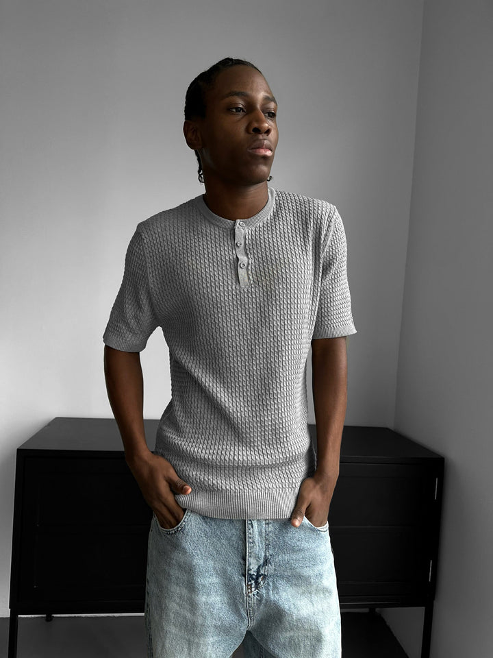 Regular Fit Waffle Button T-shirt - Grå