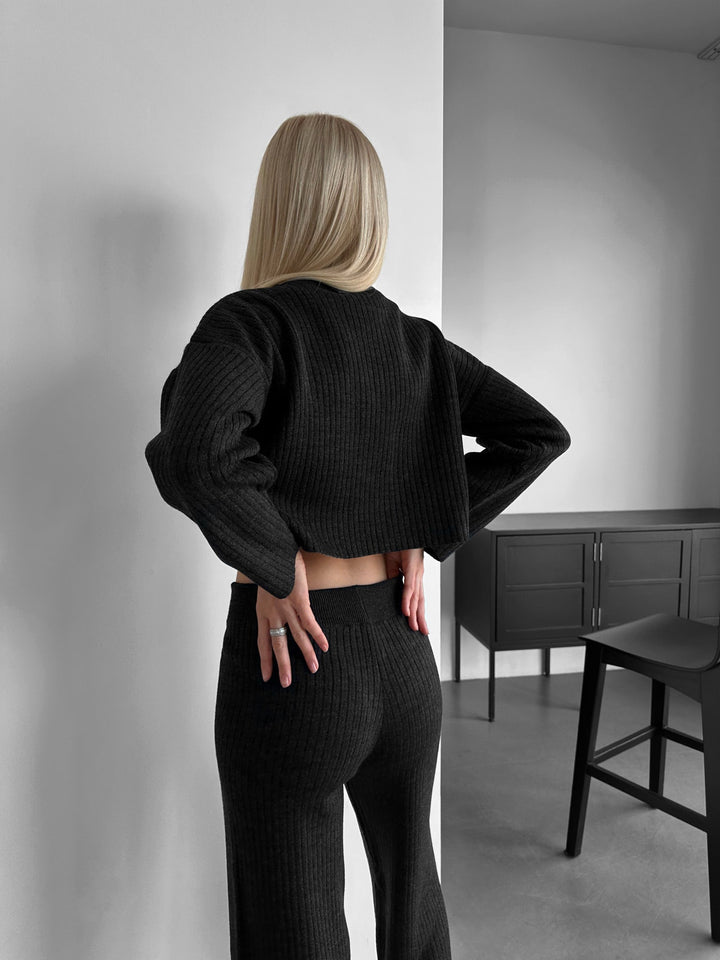 Kort Stickad Pullover - Antracit