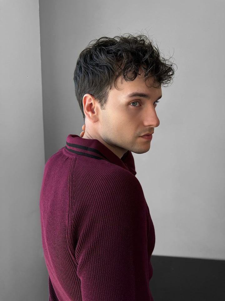 Slim Fit Halv-Zip Broderad Polo Tröja - Bordeaux