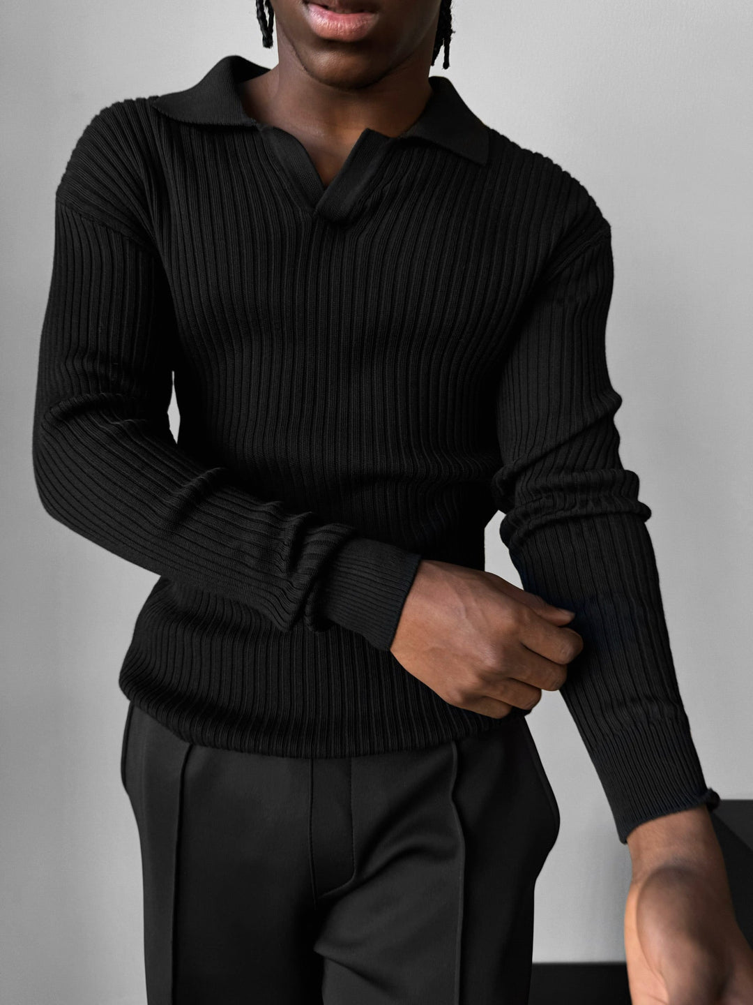 Slim Fit Stickad Polo Tröja - Svart
