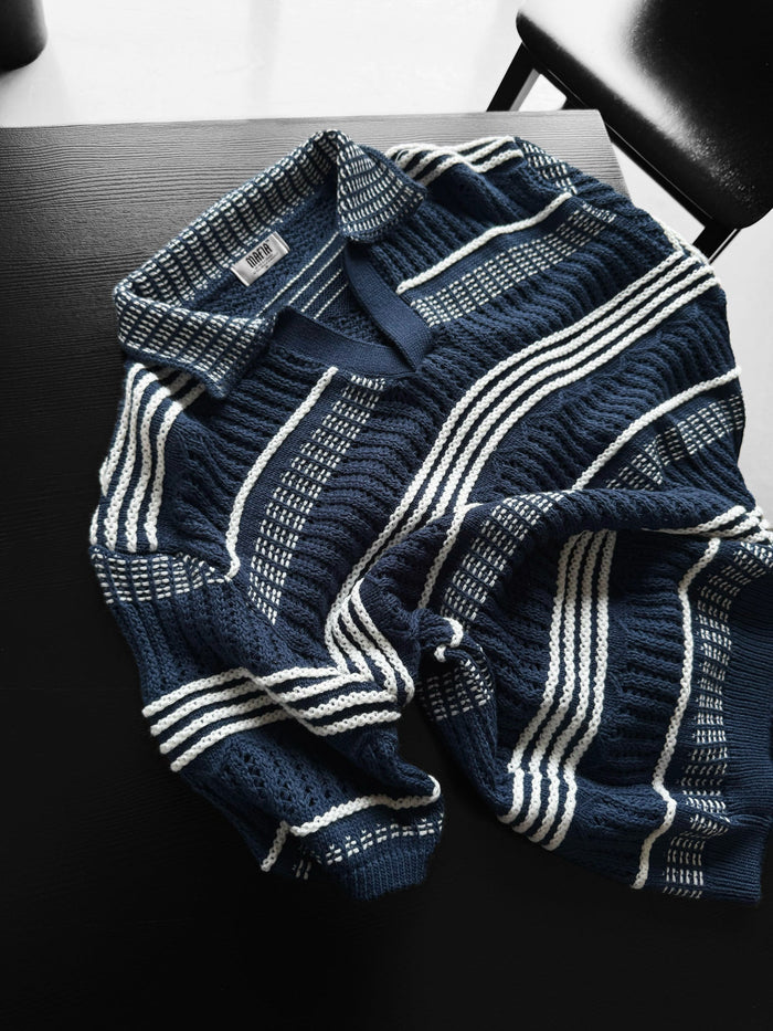 Lös passform mönstrad krage stickad T-shirt - Indigo