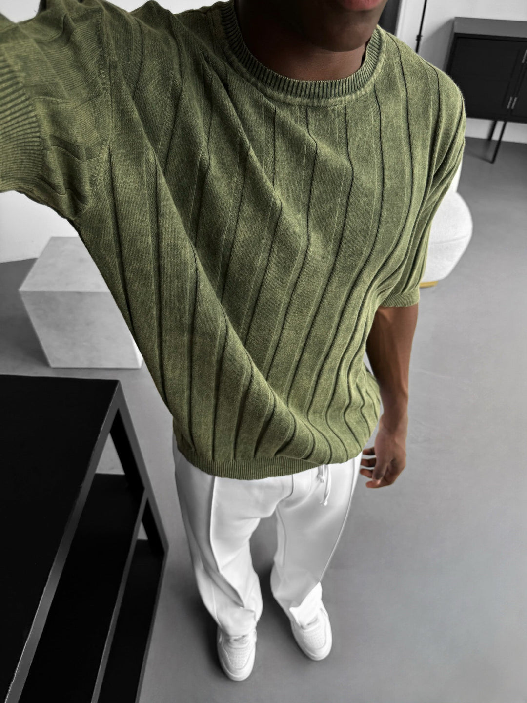 Slim Fit Tvättad Linjer Stickad T-Shirt - Khaki